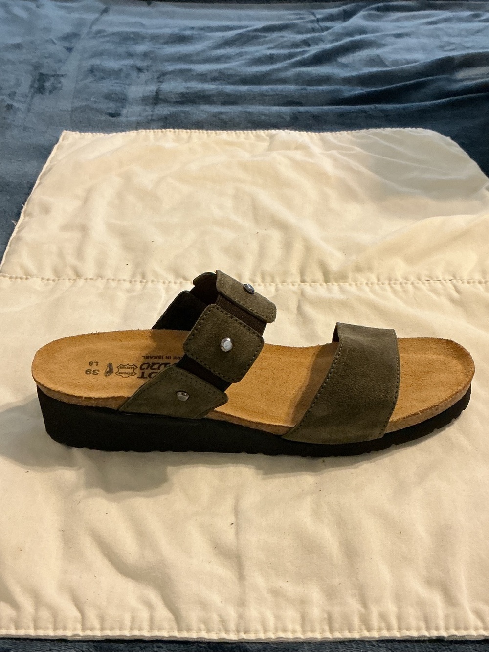 Naot Olive Green Suede Two-Strap Slide Sandal